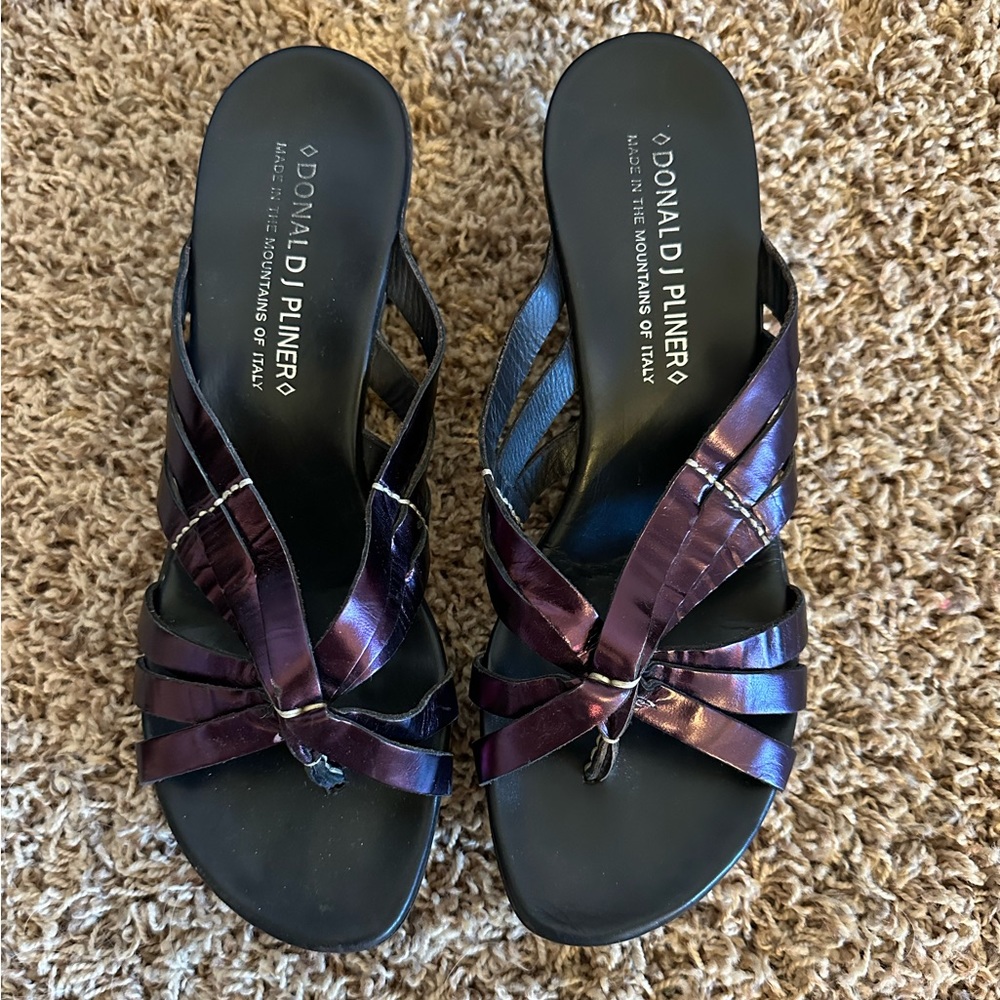 Donald J Pliner Wedged Sandles with purple metallic strap size 9